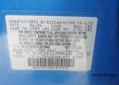 2024 Nissan Kicks Sv Xtronic Cvt из США, поврежденный, VIN 3N1CP5CV6RL571945